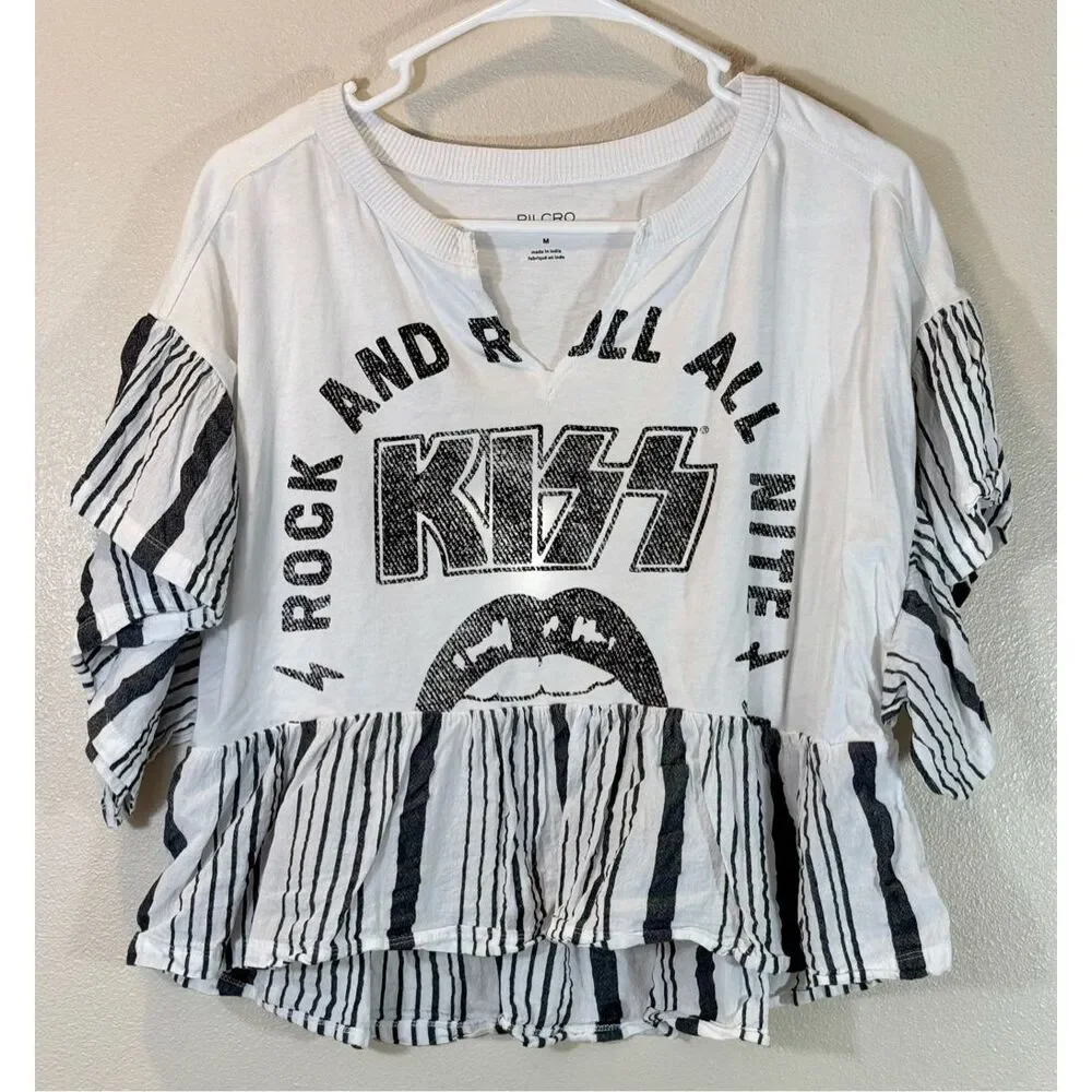KISS Graphic Cropped Ruffle Top - White/Black - Picture 3 of 11